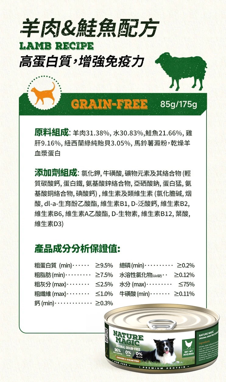 狗狗 無穀高蛋白主食罐 85G Ingredients Breakdown